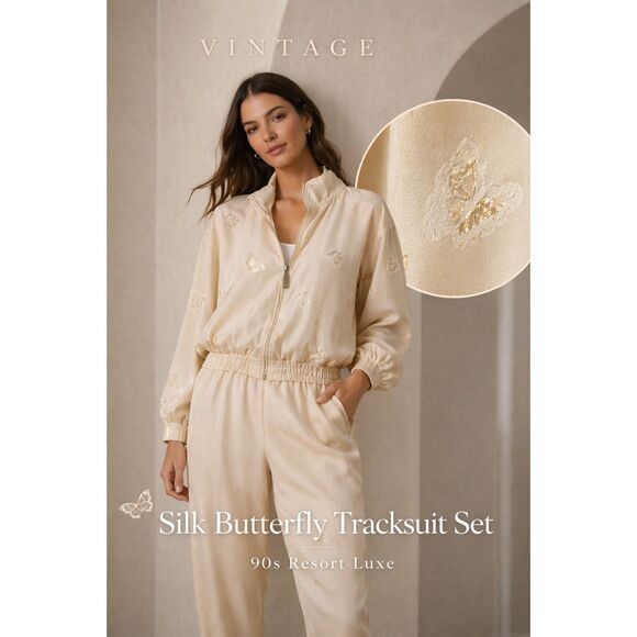 Abvien Pants - Vintage 90s Silk Butterfly Tracksuit Set Champagne Boho Luxe Size L Pale Yellow
